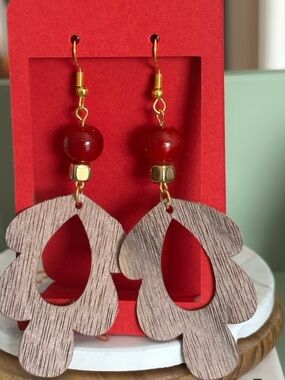 Handcrafted Red Bead and Wood Drop Earrings - Brand